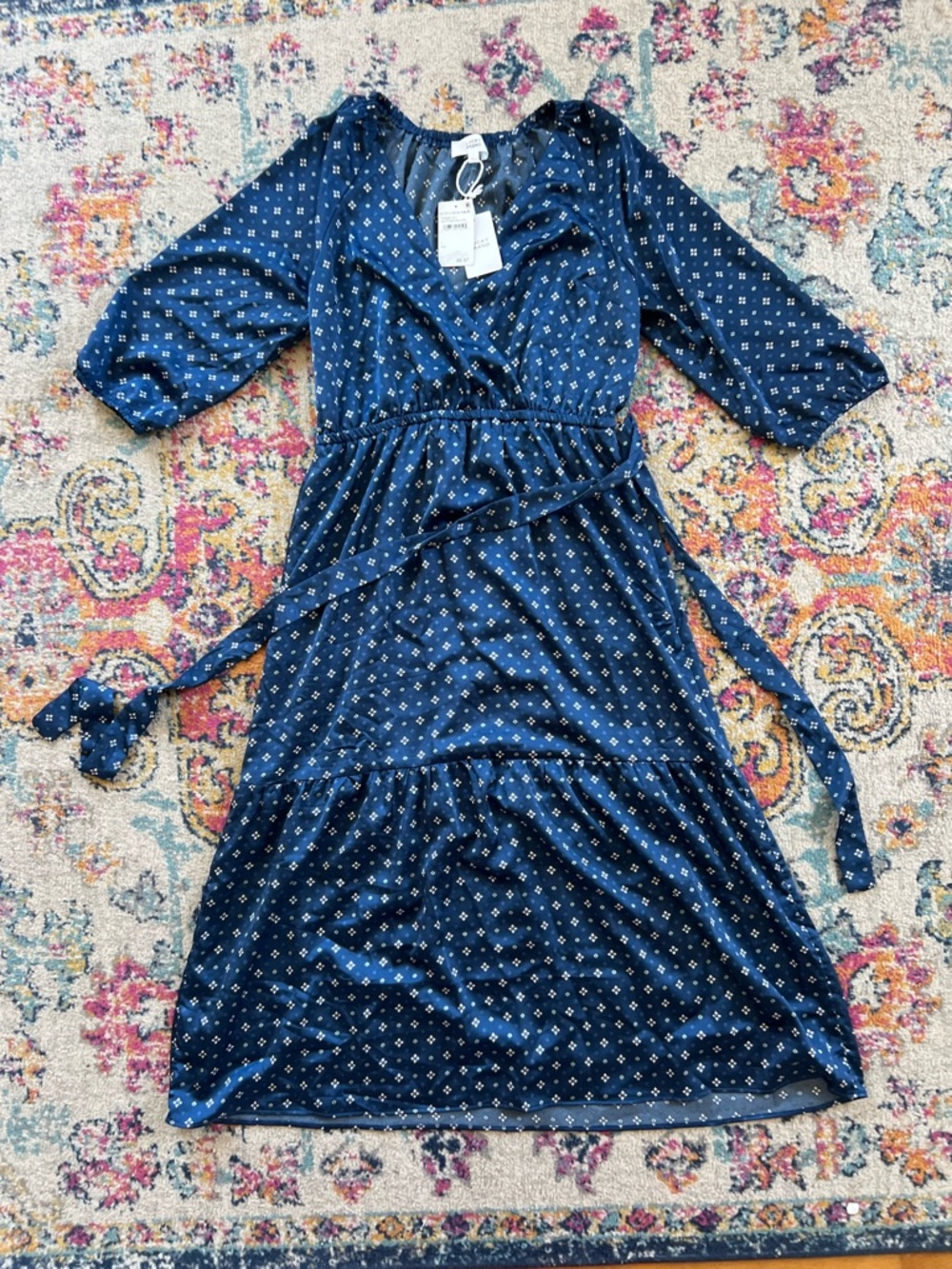 Lucky Brand Navy Blue Printed Wrap Midi Dress with Tie Belt